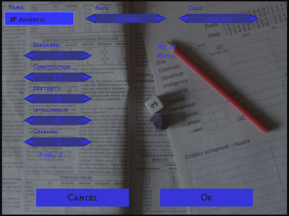 Obrázek 6.3: Menu vytváření nové postavy před startem hry.