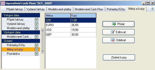 Měny a kurzy Na záložce Měny a kurzy uživatel definuje portfolia měn, které hodlá sledovat v návaznosti na vazbu přijatých, resp. vydaných faktur nebo i pro případ modelovaných plateb.