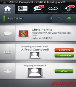 Avaya one-x Mobile Chat/IM, hlasová kontrola volání Click-to-call, click-to-conference Konference, pokročilé ovládání