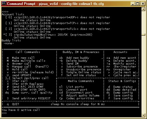 pjsua 27 Ukázková aplikace implementace PJSIP knihovny. Používal jsem jí často pro testování vlastností, které jsem sám chtěl využívat v pluginu. Obrázek 14 - pjsua 3.