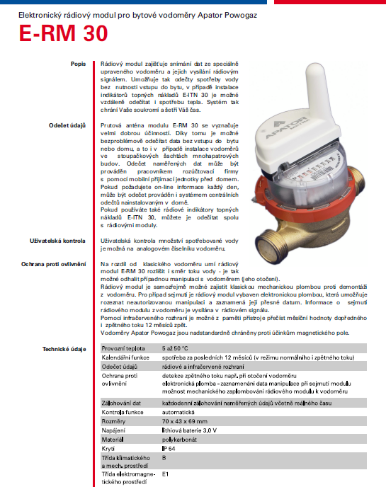 Katalogový list - bytový vodoměr s radiovým modulem