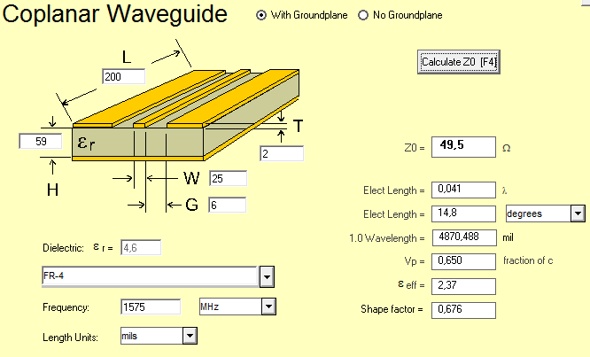 mědi, tloušťku materiálu FR4 a jeho permitivitu. Poté úpravou rozměrů středního vodiče a mezery nastavíme impedanci co nejblíže požadovaným 50Ω.