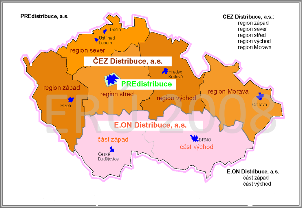 Obr. č. 4 - Vyznačení územní působnosti distribučních společností zdroj: [cit. 14. 4. 2011]. http://www.eru.cz/user_data/files/statistika_elektro/rocni_zprava/2009/mapy/8.