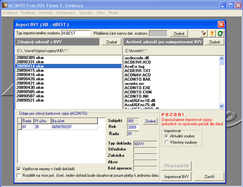 2.6. EXISTUJÍCÍ IMPLEMENTACE OBDOBNÉHO SYSTÉMU 15 Obrázek 2.4: Pohled na formulář pro import bankovních výpisů v programu Aconto Free 2.6.2 DSMan autor: DAVID ŠAUER - DS-SOFT verze: 1.