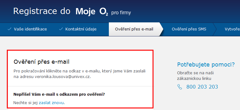 V dalším kroku je zákazník informován o odeslání autorizačního e-mailu na kontaktní osobu společnosti (očekávaná doba doručení e-mailu je do jedné hodiny) Pokud si zákazník nechal vygenerovat více