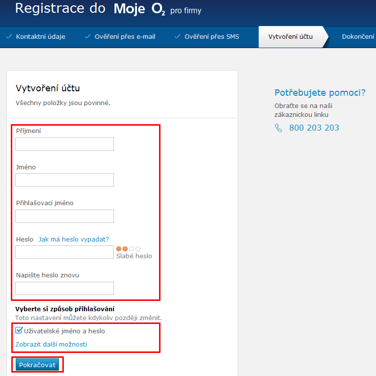 4.2.1 Registrace zákazníka bez elektronického vyúčtování Zákazník je vyzván k vytvoření přihlašovacích údajů na Moje O2: Přihlašovací jméno o Musí být unikátní napříč firemním Moje O2 (ne