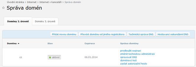 Stránka Typ hlasové schránky detail 9.3.3 Správa a nastavení domén Nastavení a správa domén je dostupná z levého menu na cestě: Internet >> Internet v kanceláři >> Správa domén.