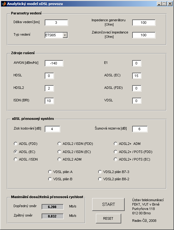 Obr. 4.1: Grafické uživatelské rozhraní analytického modelu xdsl provozu. Implementovány jsou následující systémy: ADSL over POTS, podle doporučení ITU-T G.99.