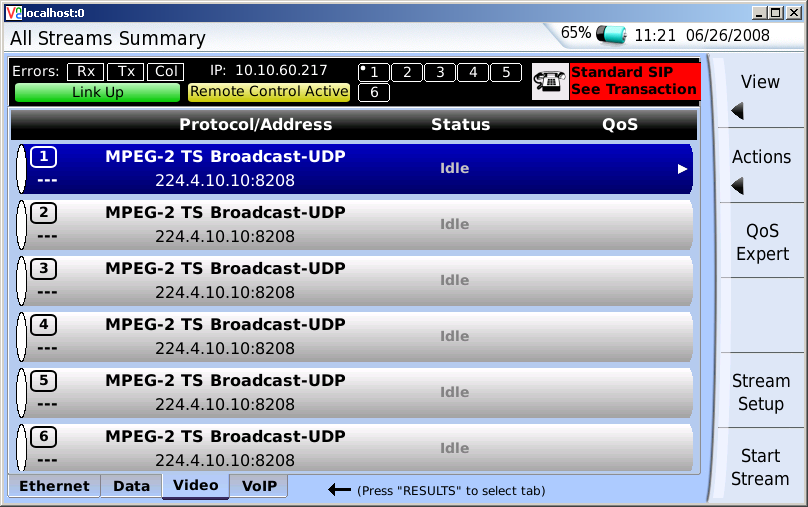 MTS 4000 Triple play měření Video Service (IPTV) Testování Analýza video streamů a packetové statistiky až do 10-ti streamů v Monitor a 6 streamů v Terminate módu včetně video mean opinion score