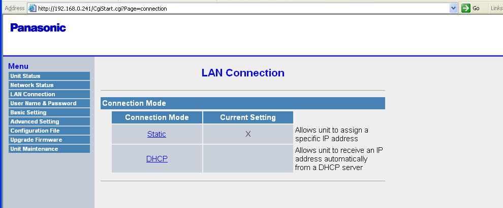 Příklad nastavení telefonu Panasonic KX-HGT100: Defaultní IP adresa telefonu je http://192.168.0.241/, přihlašovací jméno KX-HGT100 a heslo kx-hgt100.