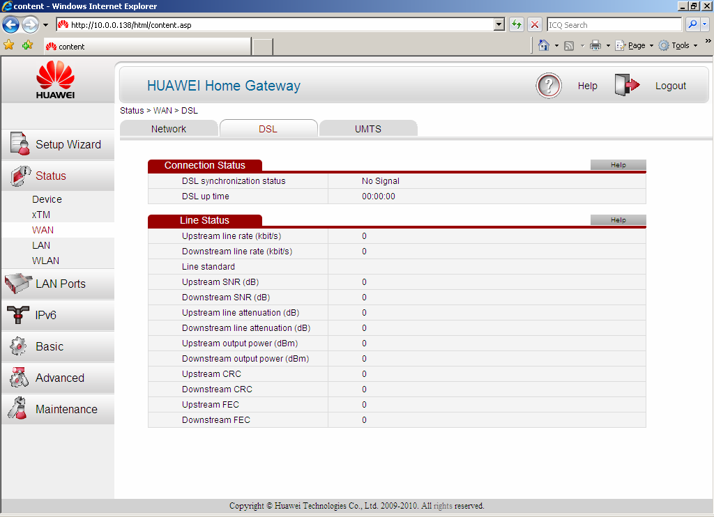 6.3.2 DSL Na této kartě jsou zobrazeny informace týkající se stavu DSL linky, jako je Connection Status (Stav připojení) a Line Status (Stav linky).