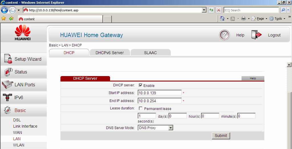 Obrázek 9.7 Nastavení LAN Host Nastavení DHCP serveru (DHCP server) V druhé části DHCP můžete povolit DHCP server (zaškrtnutím volby DHCP server Enable).