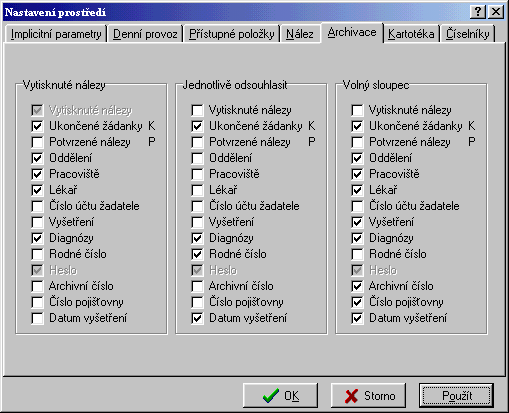 Archivace Pomocí této volby se nastavují parametry pro převod pacientů z denního souboru do kartotéky.