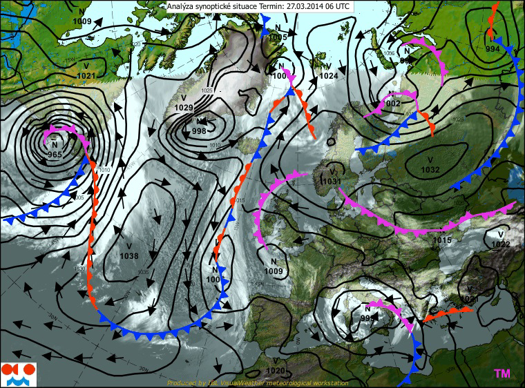 1.3 Změny atmosférického tlaku v horizontálním směru, tlakové útvary Pokud pro všechny stanice měřící atmosférický tlak provedeme přepočtení tlaku na úroveň moře, můžeme vytvořit mapu se zakreslenými