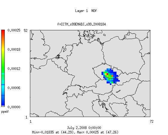 Zpětné citlivosti k bodovému receptoru Oblasti vlivu pro emisní koeficient NO kumulované za hodiny 00 až 18 vůči jednotkovému receptoru O3 v Praze v 18:00 hodin