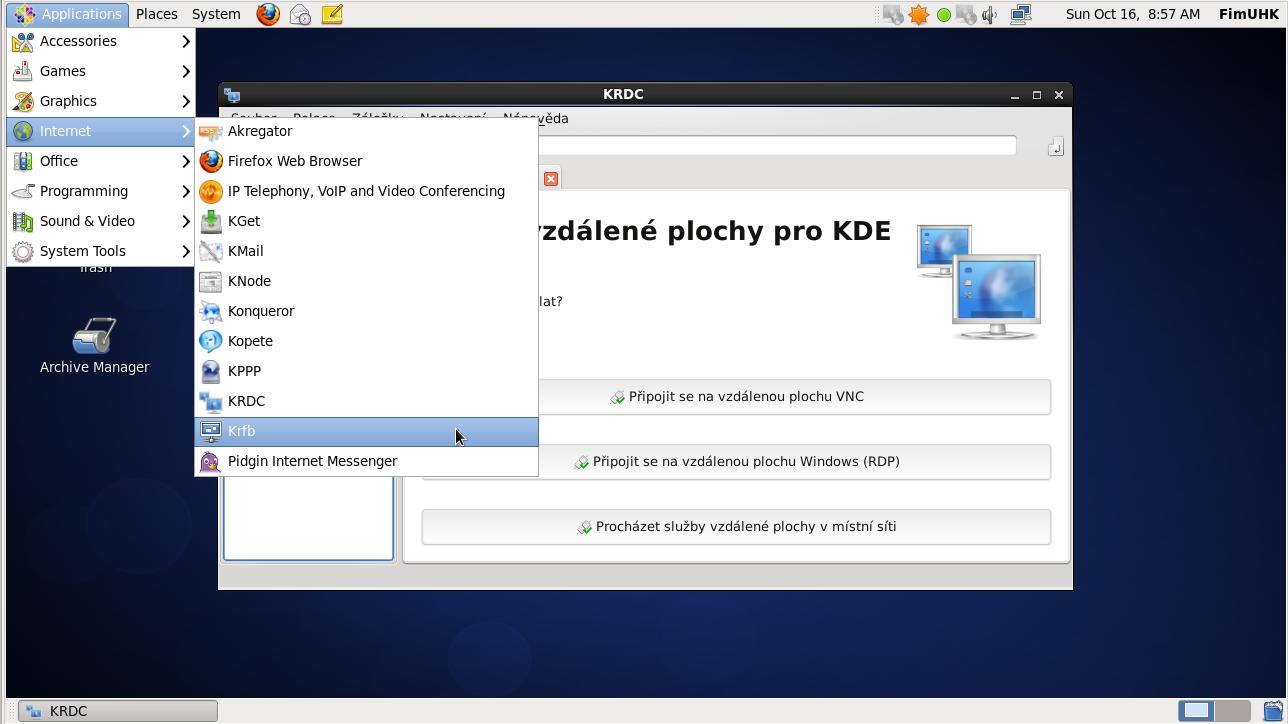 6. Podsložka Internet. a) Prozkoumejte podsložku Internet. Zaměřte se nejprve na komunikační programy, a sice Kopete a Pidgin, pokud máte icq účet můžete vyzkoušet jejich funkčnost.