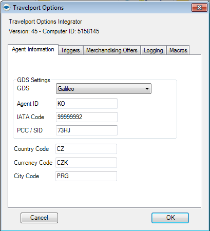 Nastavení TOI na každém počítači Pravým kliknutím na ikonu se zobrazí možnosti nastavení Travelport Options Záložky: Agent Information, Triggers, Merchandising Offers, Logging, and Macros. 1.