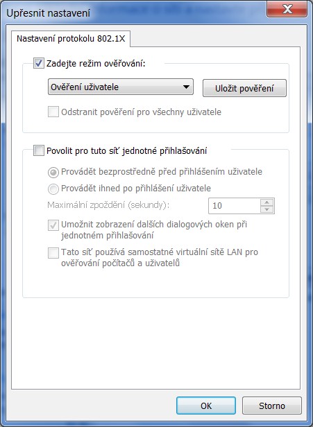 Potvrzením OK, uzavřeme konfiguraci připojení k Wifi síti eduroam. Po návratu na kartu Zabezpečení vyberte Upřesnit nastavení a nastavte podle následujícího obrázku.