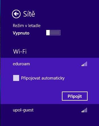 3. Návod pro připojení do WiFi sítě eduroam pro MS Windows 8 Na úvodní obrazovce vyberte Plocha nebo stiskněte tlačítka Windows+D na klávesnici Klikněte na ikonu bezdrátového připojení na hlavním