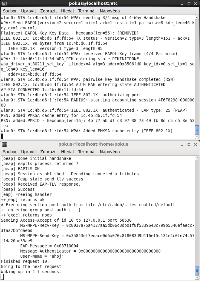Pro otestování spustíme radiusd a hostapd v debug módu: radiusd -X a hostapd