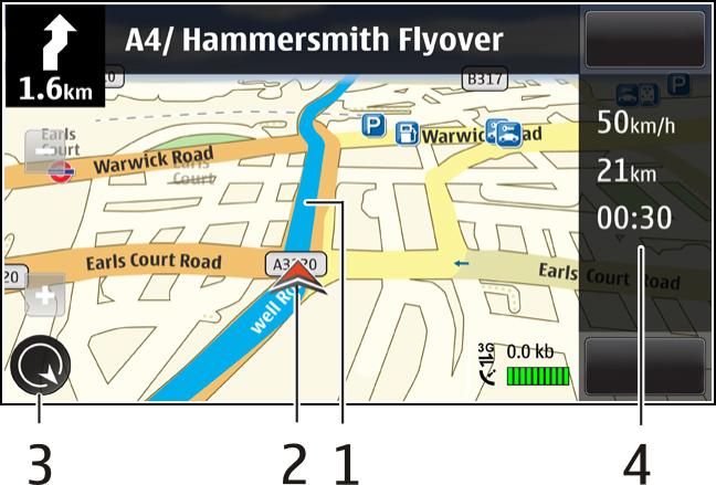 Mapy Zobrazení Navigace 1 Trasa 2 Vaše poloha a směr 3 Kompas 4 Informační panel (rychlost, vzdálenost, čas) Získání informací o dopravě a bezpečnosti Informace o událostech v dopravě, pomoc při