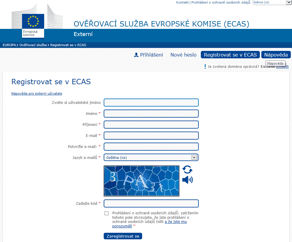 ECAS v Participant portal kliknout na
