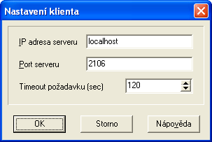 12 Syslík C/S klient prozatím nezná potřebné parametry pro spojení se SYSEL/SYSLÍK serverem. Vyberte proto v menu Servis položku Nastavení klienta.