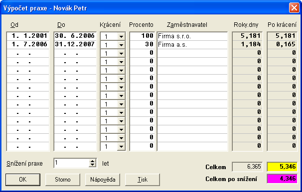 46 Syslík C/S Pokud stisknete Alt+L můžete zadat počet let praxe. Praxe se zadává stejným způsobem jako počet let a dnů pro dovolenou (tj. formát RR,DDD). Praxe se stanovuje vždy k 1.