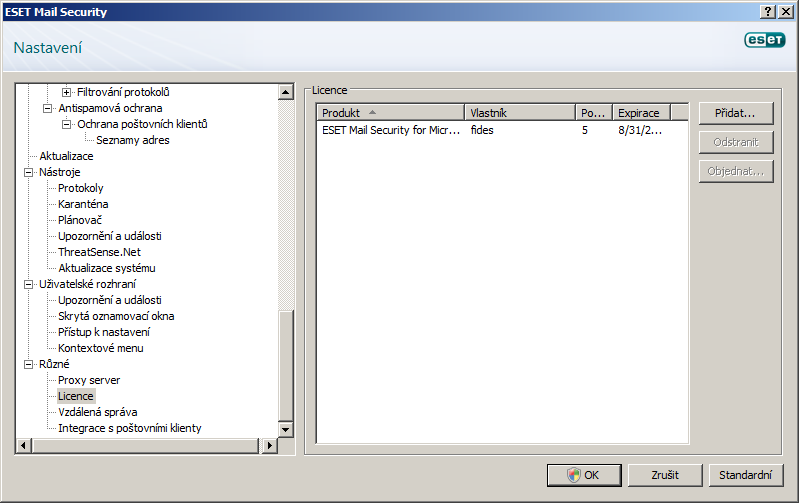 4.14 Licence Položka Licence vám umožňuje správu licenčních klíčů for ESET Mail Security a také pro některé ostatní produkty firmy ESET, spol s.r.o jako např. ESET Mail Security. Klíč je dodáván spolu s autorizačními po zakoupení produktu.