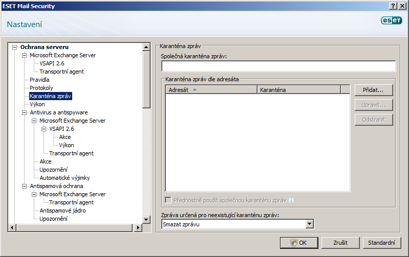 3.1.4 Karanténa zpráv Karanténa zpráv je speciální poštovní schránka nastavena systémovým administrátorům, která slouží jako úložiště potenciálně infikovaných zpráv a spamu.