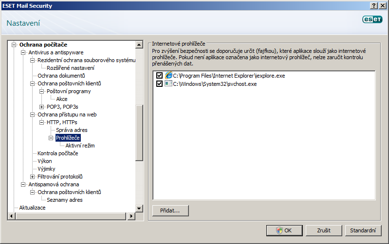4.1.3.1.2 Aktivní režim internetových prohlížečů Aplikace ESET Mail Security obsahuje funkci Prohlížeč, která umožňuje definovat, zda daná aplikace je nebo není prohlížeč.
