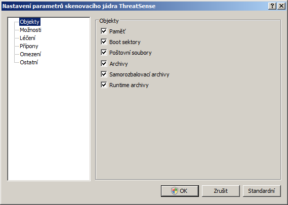 4.1.7.1 Obj ekty kontroly Položka Obj ekty umožňuje nastavit, které komponenty počítače a souborového systému budou testovány na přítomnost infiltrace.