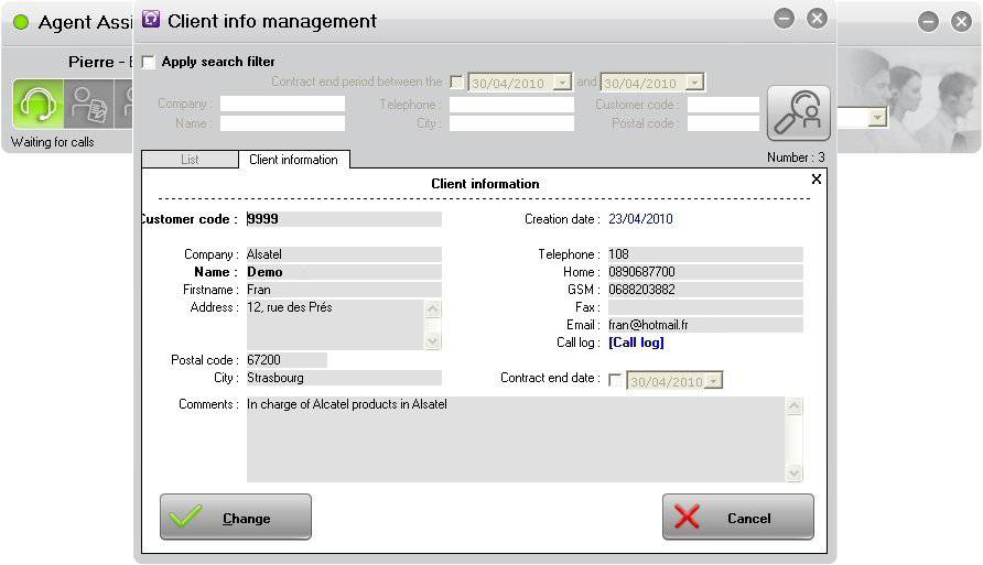 Integrovaný mód Agent assistant obsahuje integrovanou databázi Microsoft Access. Ta obsahuje standardní pole jako název firmy, jméno, zákaznický kód, telefonní číslo, adresa, poznámka atd.