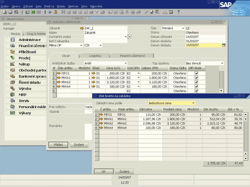 UTB ve Zlíně, Fakulta aplikované informatiky, 2014 42 Obr. 13 Ukázka z programu SAP Business One Chyba! Nenalezen zdroj odkazů. 4.5.12 Byznys ERP Pořadí: 12.