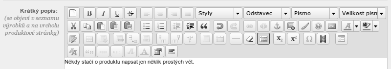 3. ANALÝZA ADMINISTRAČNÍCH ROZHRANÍ ESHOPŮ Obrázek 3.7: Přeplněný panel nástrojů textového editoru (Presta- Shop). Počet položek v hlavním menu překračuje pravidlo 7±2 Naplnění kritéria 60 %. 9.