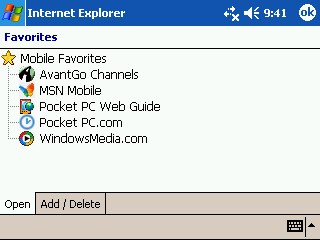 Pro spuštění Pocket Internet Explorer se dotkněte funkce menu Explorer. Zobrazí se stránka Pocket Internet Explorer.