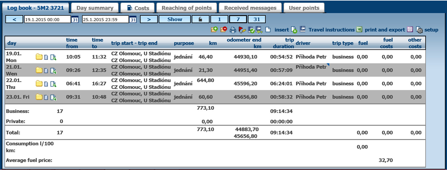 3 Log Book After checking a vehicle in vehicle tree, the log book is loaded. The log book comprises a list of trips performed within the specified time range, list of fuelling and overall summary.