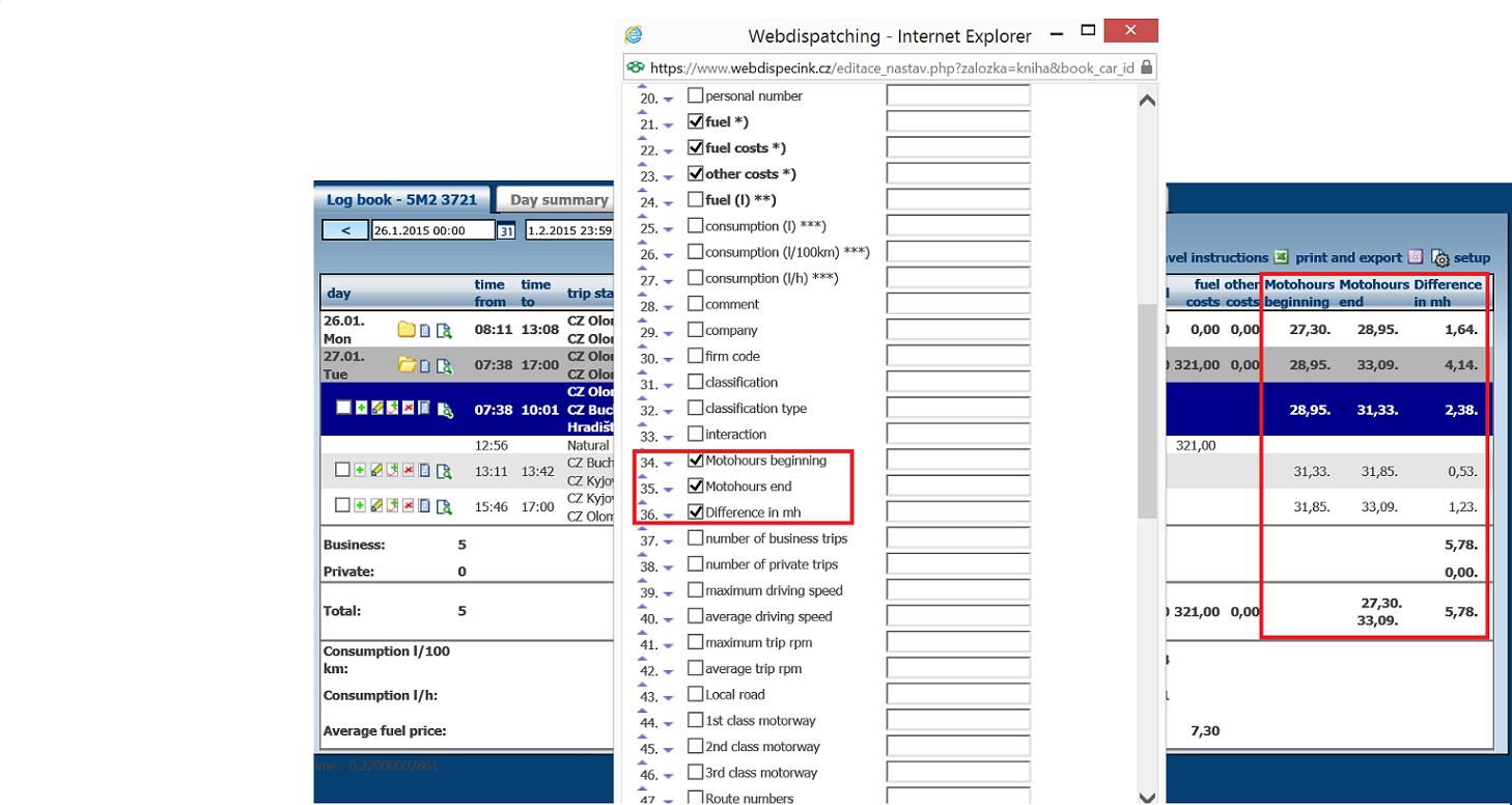 displayed values Hours beginning, Hours end and