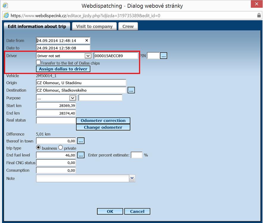 The dialogue box with adding parameters appears after checking the option Transfer to list of Dallas chips and pressing the button Assign a