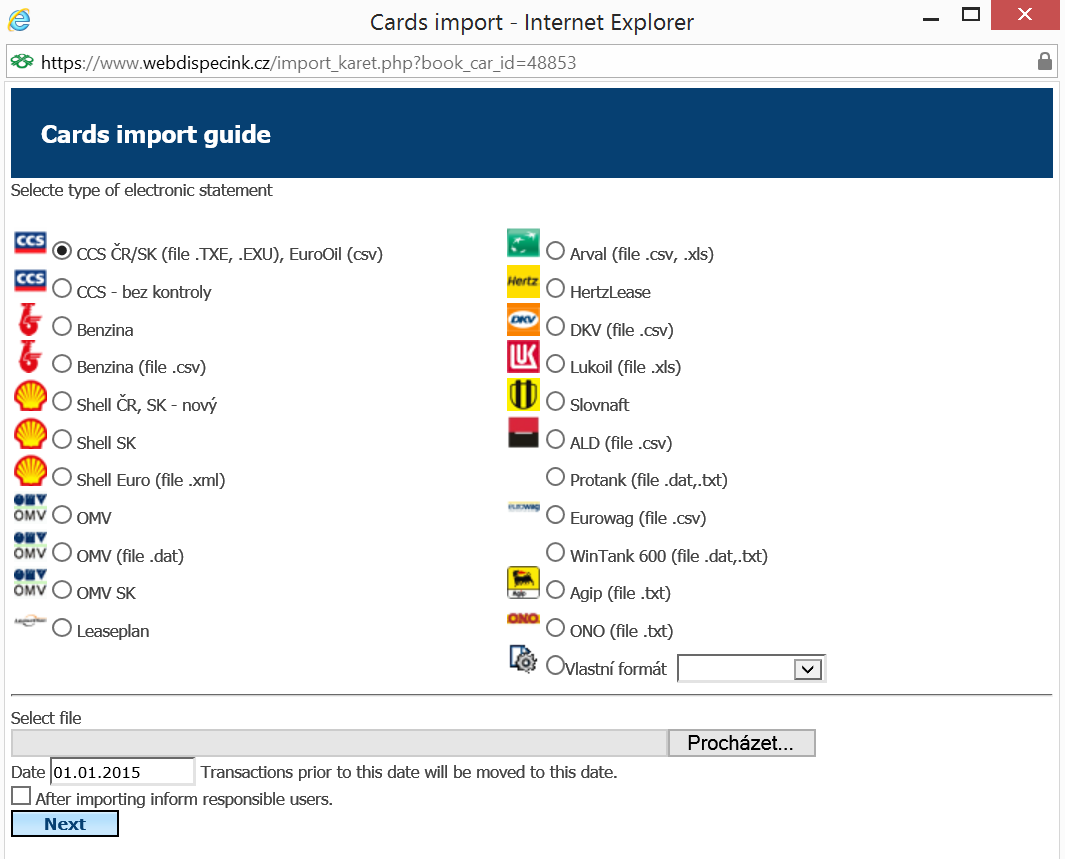 3.17 Import of electronic card statements Click on icon Download