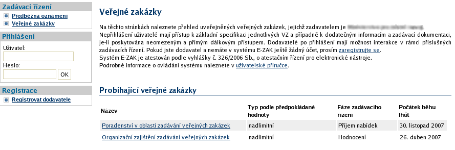 Obrázek 1: Úvodní obrazovka před přihlášením do systému Pokud tedy již máte v systému E-ZAK vytvořen účet, znáte uživatelské jméno a heslo, pak se můžete přihlásit pomocí boxu Přihlášení v levém