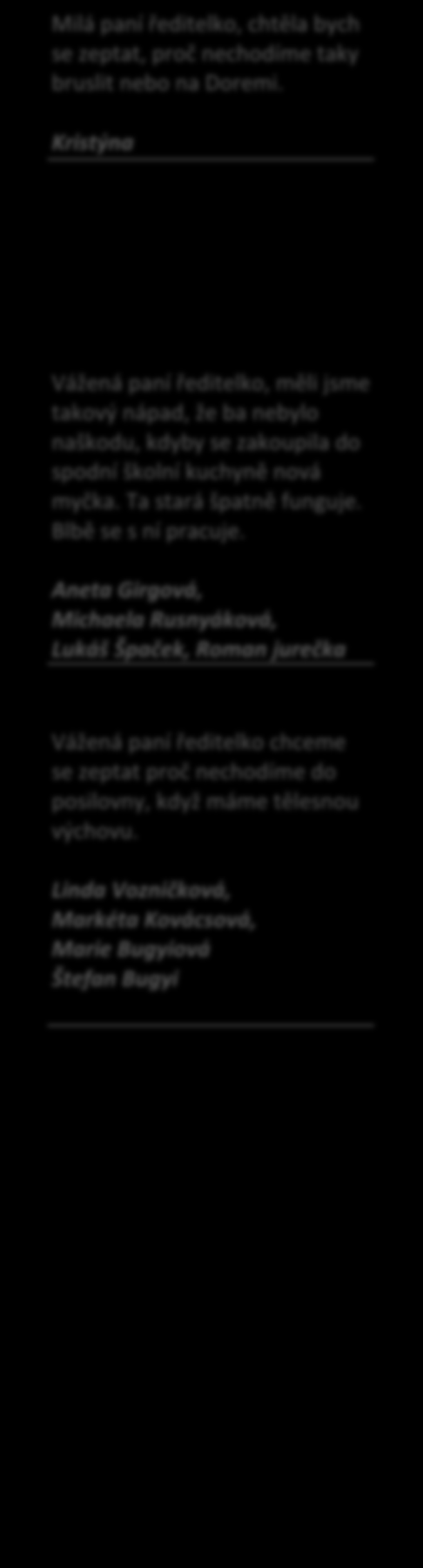 Aneta Girgová, Michaela Rusnyáková, Lukáš Špaček, Roman jurečka Ptáme se vedení školy A již zde máme vlevo další dotazy a vpravo vidíte první odpovědi na tyto dotazy z předešlého, druhého čísla.