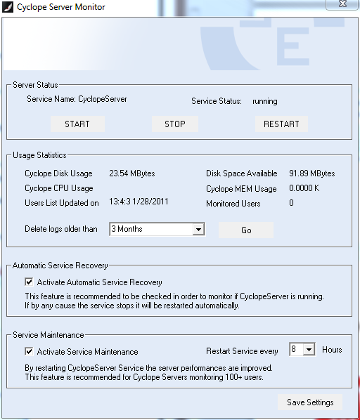 3.6. CYCLOPE SERVER MONITOR Cyclope Server monitor je jednoduchá služba s grafickým konfiguračním rozhraním. Instaluje se automaticky na počítač, na který je nainstalována serverová část CESS.