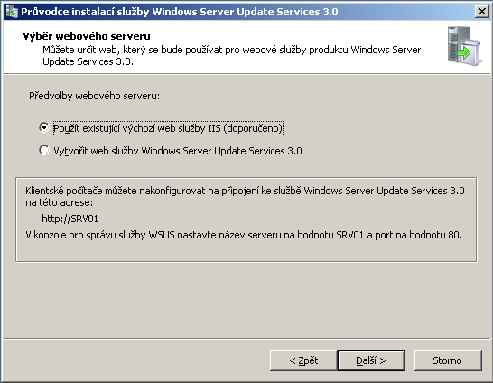 Další krok instalačního průvodce nabízí volbu pro vytvoření webového serveru IIS pro správu