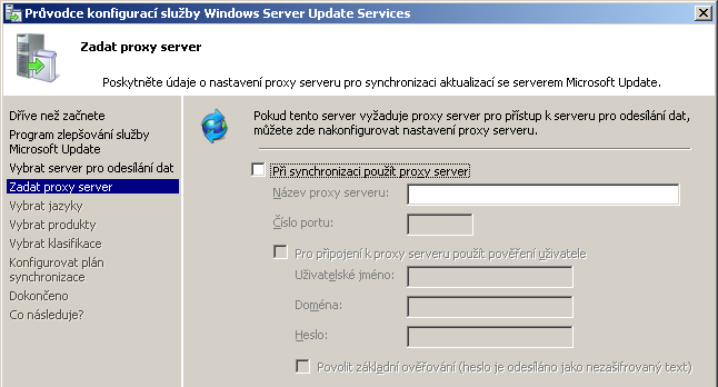 V další části průvodce nastavte, jak se bude lokální služba WSUS připojovat k serveru Microsoft Update. Jestliže pro přístup k internetu používáte proxy server (např.