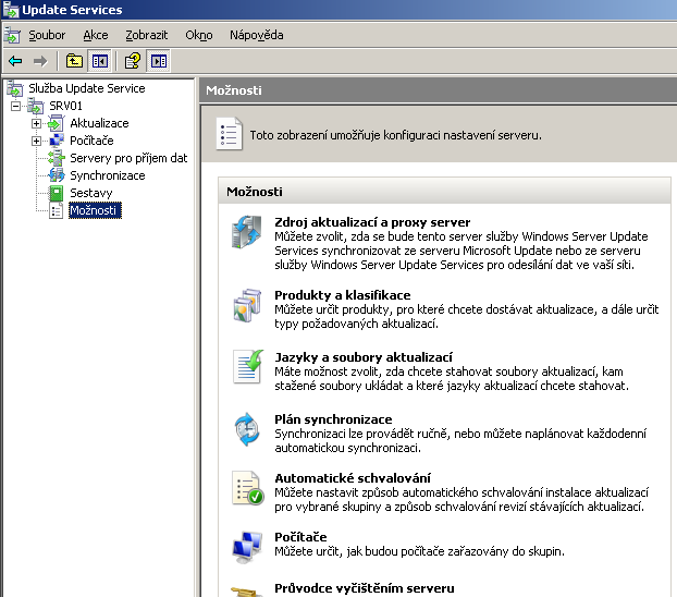 Konfigurace služby Nastavení základní konfigurace služby WSUS se provádí z panelu Možnosti. Tady máte možnost nastavit chování služby WSUS nebo spustit znovu průvodce počátečním nastavením.
