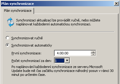 Plán synchronizace Synchronizace zjišťování nově dostupných balíčků může probíhat ručně, nebo automaticky. Ruční synchronizaci lze spustit z panelu Synchronizace WSUS konzole.