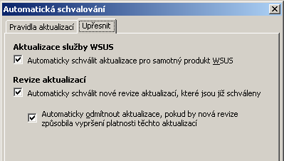 Na záložce Upřesnit okna Automatické schvalování lze nastavit další položky. Výchozí možnosti jsou vidět na dalším obrázku.