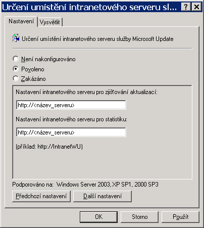 Zde je potřeba nastavit minimálně vlastnosti: - Umístění místního intranetového serveru nastavit adresu vytvořeného serveru WSUS např. http://srv01.domena.