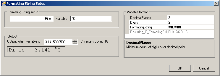 Dialog pro nastavení formátu analogové hodnoty DecimalPlaces počet míst za desetinnou tečkou Digits počet míst před desetinnou tečkou. Do tohoto počtu se započítává i příp.